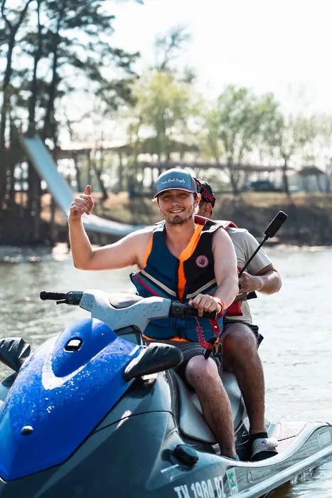 Rider in a life vest ready to ride